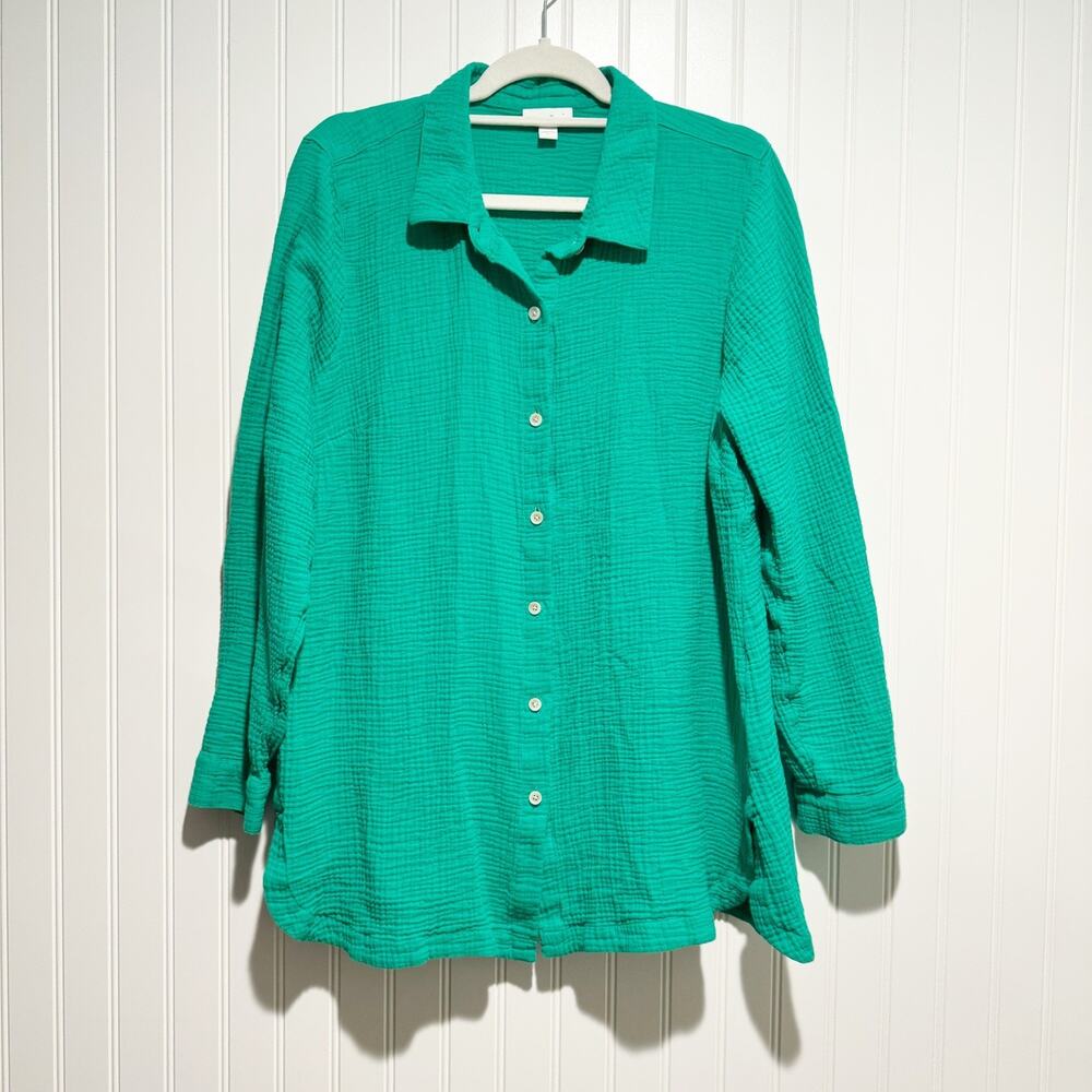 J Jill Kelly Green Cotton Gauzy Button Up Shirt Size Large